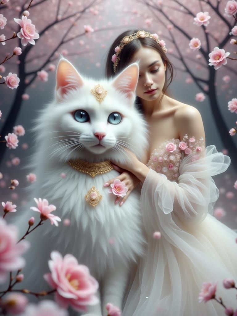 Surreal Fantasy Cat Scene with Cherry Blossoms in Pastel Col...