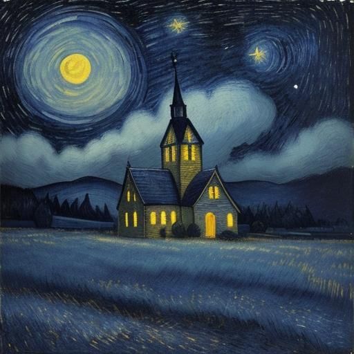 Village Under Swirling Starry Night Sky