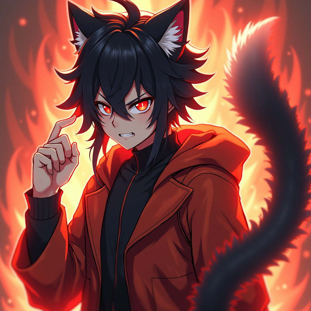 Angry Cat-Boy with Red Highlights in 3D Anime Style