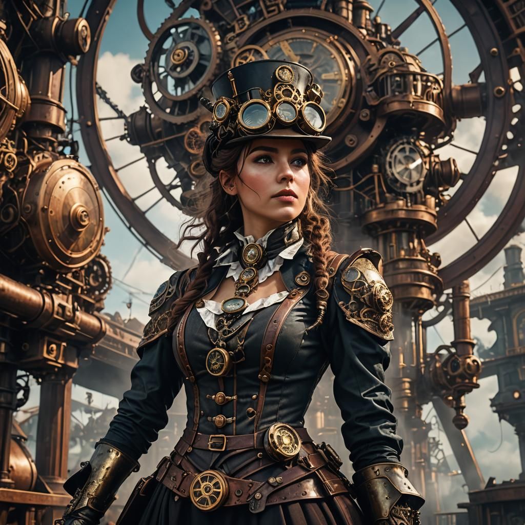 Steampunk Woman Low-Angle Photograph, Detailed Matte Paintin...