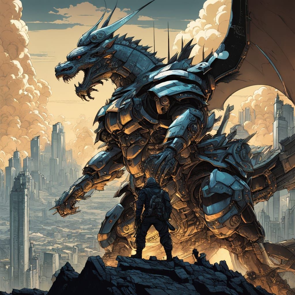 Samurai Confronts Cyberpunk Dragon on Mountain Peak