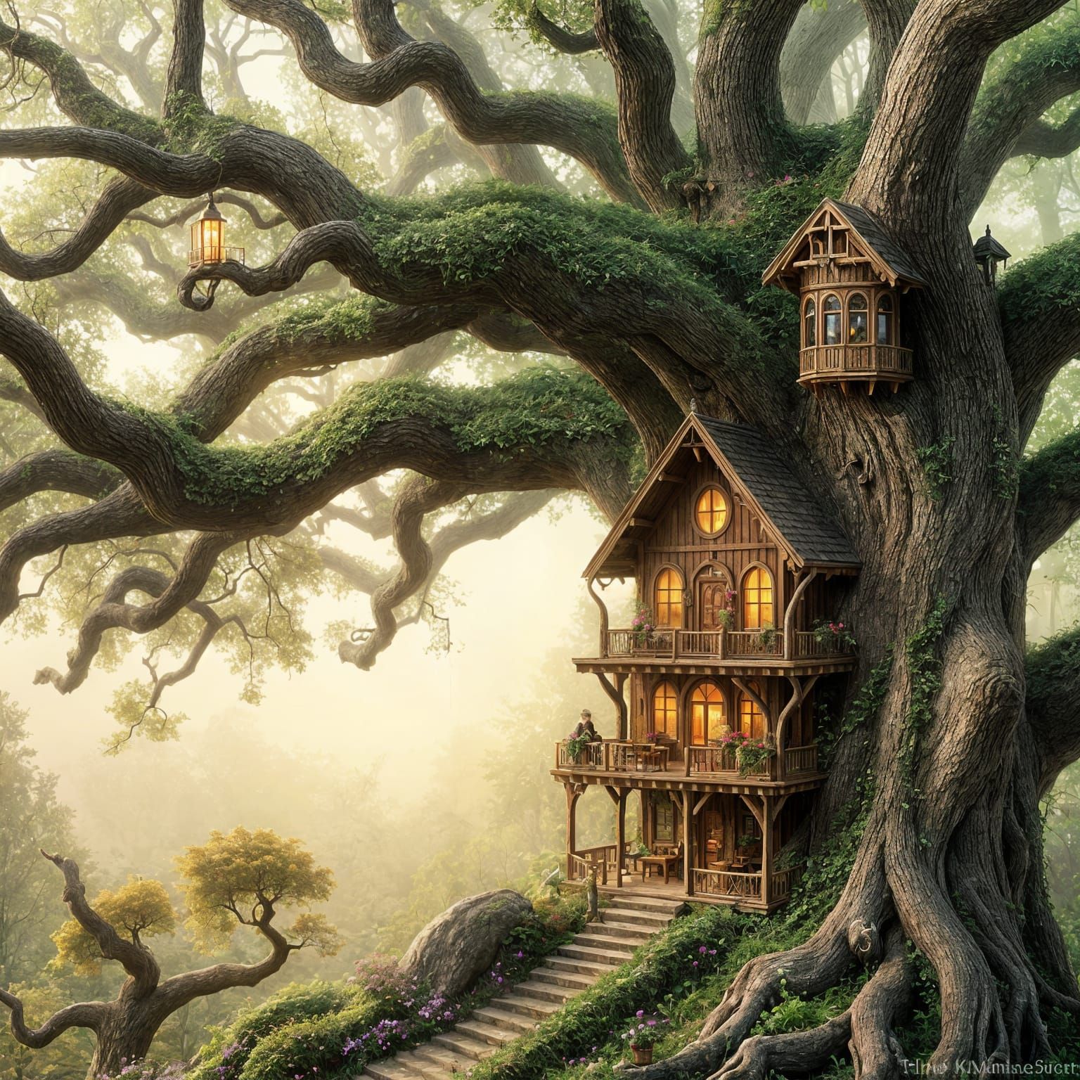 Whimsical Treehouse in a Majestic Oak, in Ethereal Fantasy S...