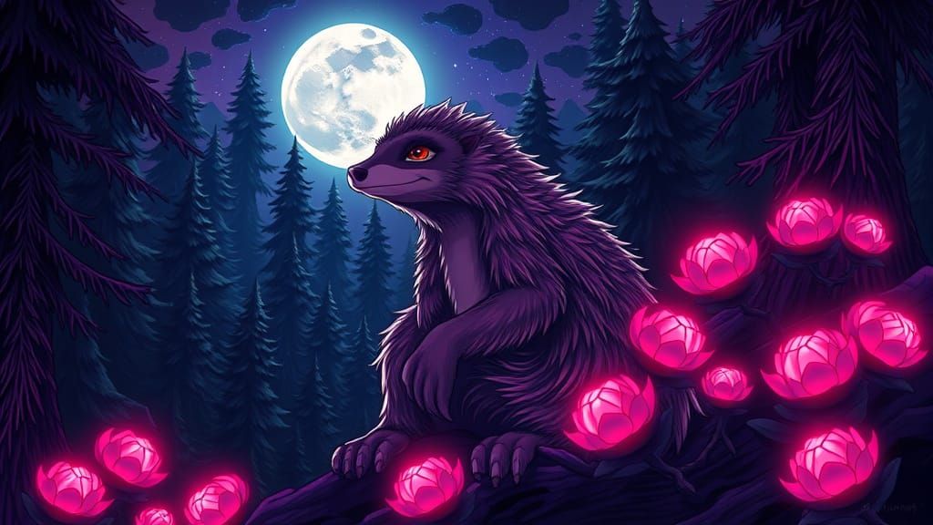 Giant Mongoose in Mystical Neon Forest, Anime Style