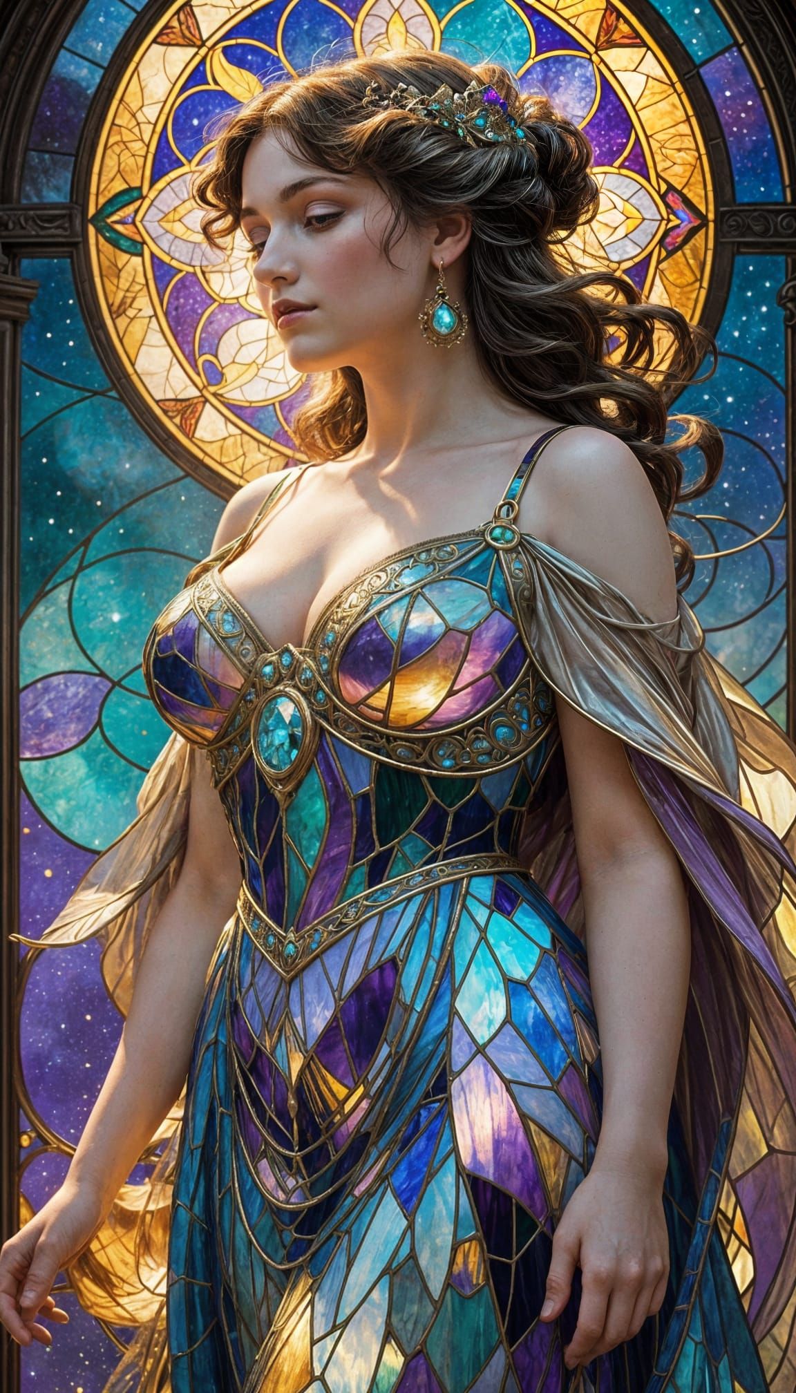 Stained Glass Goddess in Ethereal Night Sky