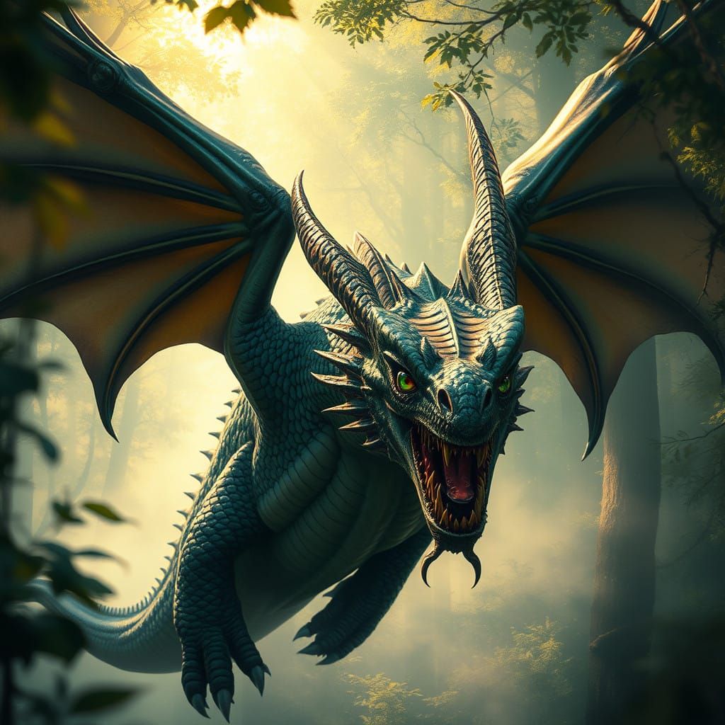 Dynamic Fantasy Dragon Zipping Through Iridescent Forest
