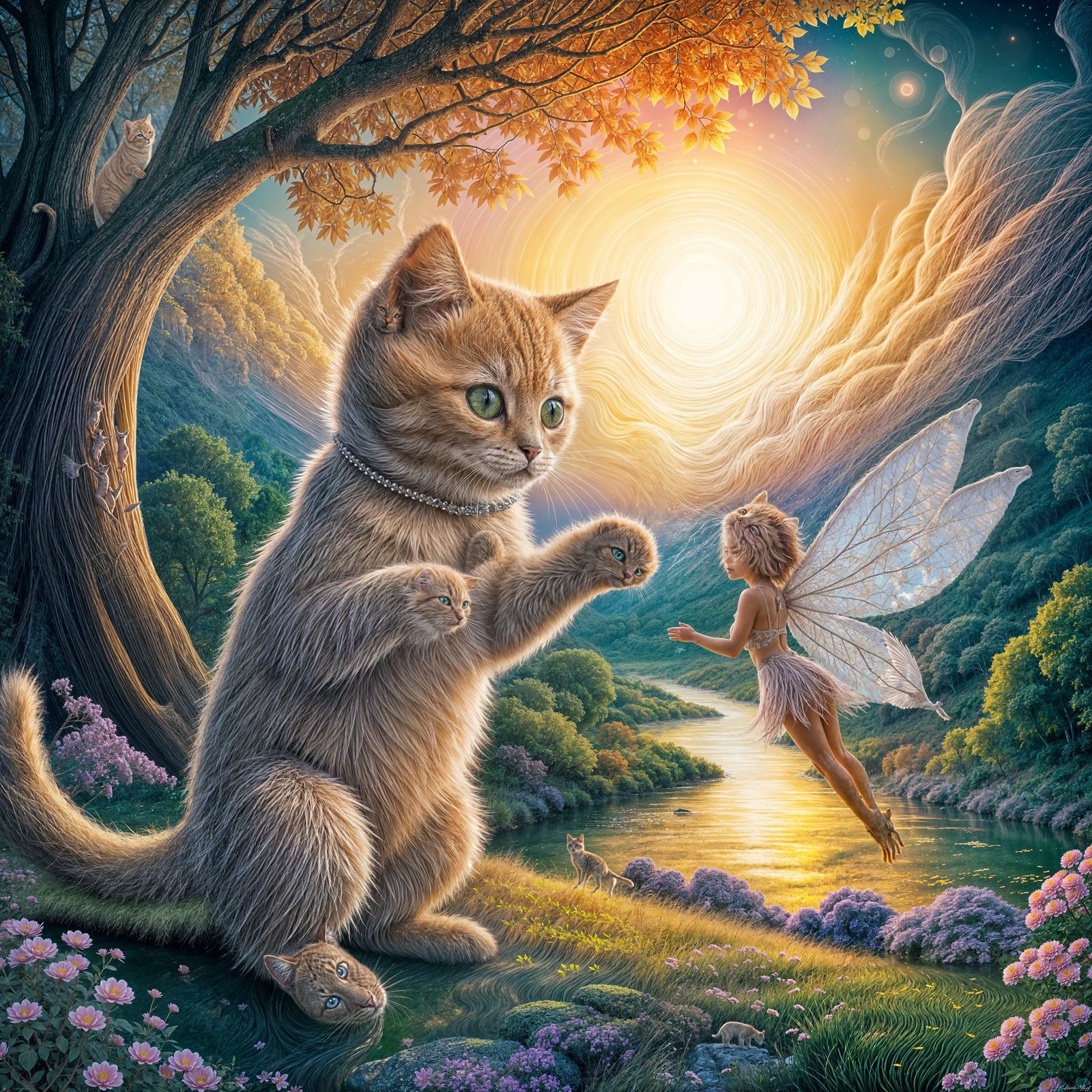 Whimsical Encounter of a Kitten and Fairy in a Vibrant Dream...