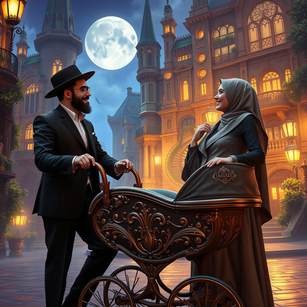 Hasidic Couple in Moonlit Gothic Cityscape