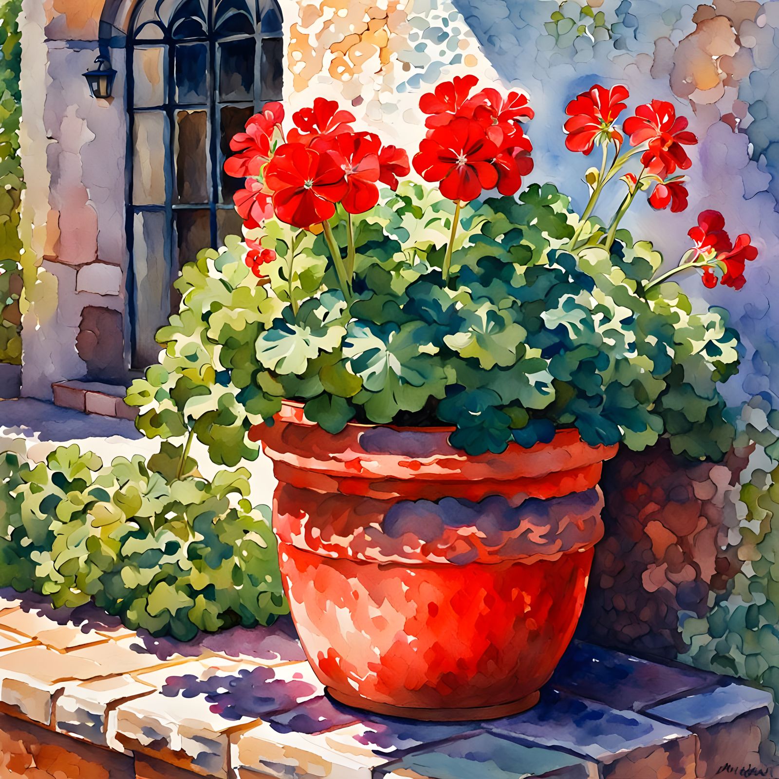 Red Geraniums in Spanish Monastery Garden, Watercolor
