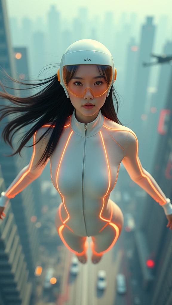 Korean Woman Superhero in Futuristic Cityscape