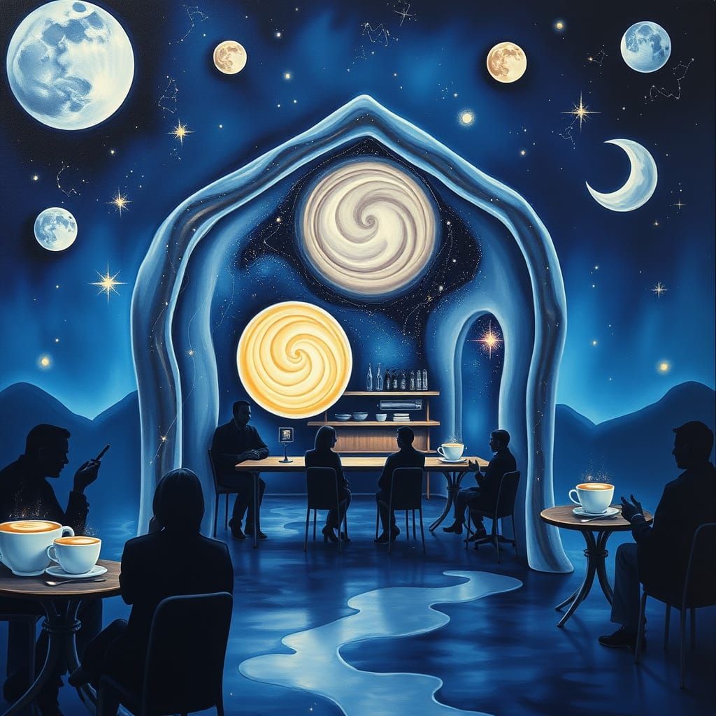 Cosmic Surreal Cafe with Galaxy Coffee Cups