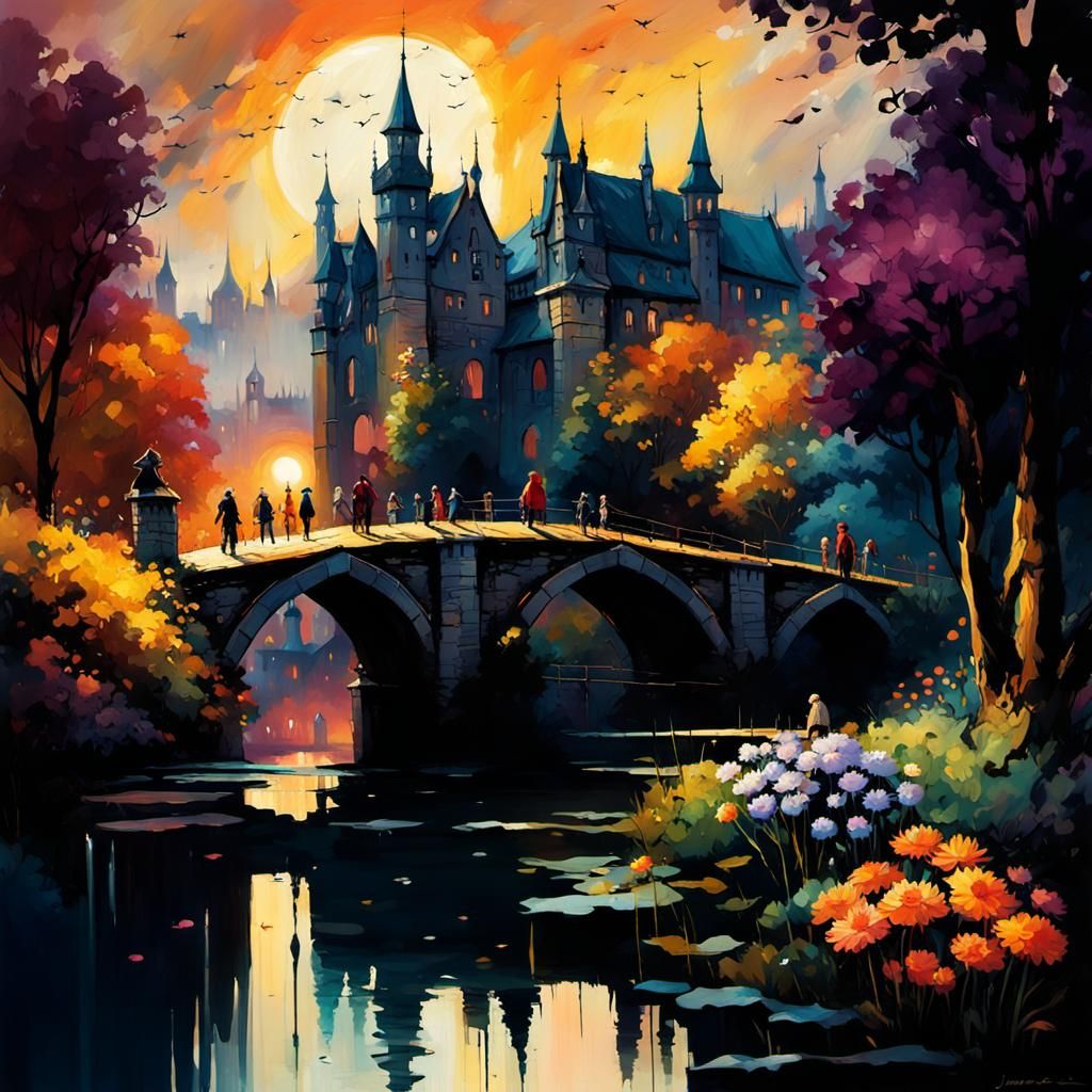 Gothic Bavarian City at Sunset, Impasto Painting