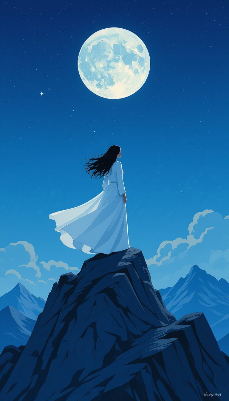 Lone Woman on Mountain Peak in Matte Painting Style