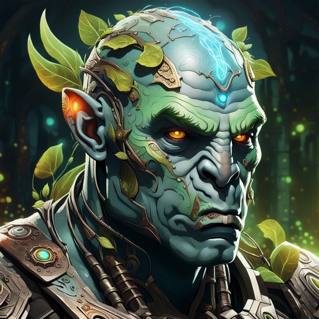 Luminous Solarpunk Orc with Cybernetic Enhancements