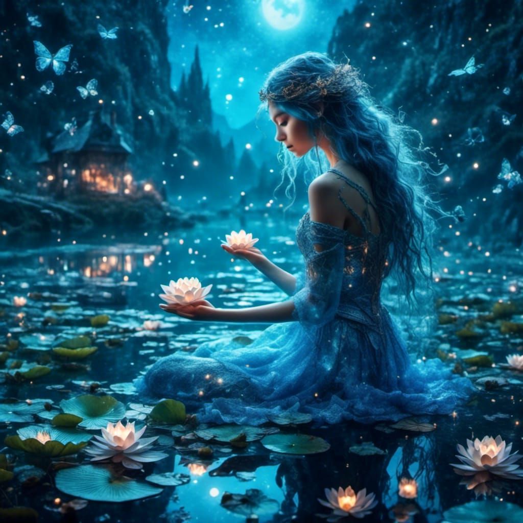 Starlit Lake with Celtic Figure in Ethereal Style