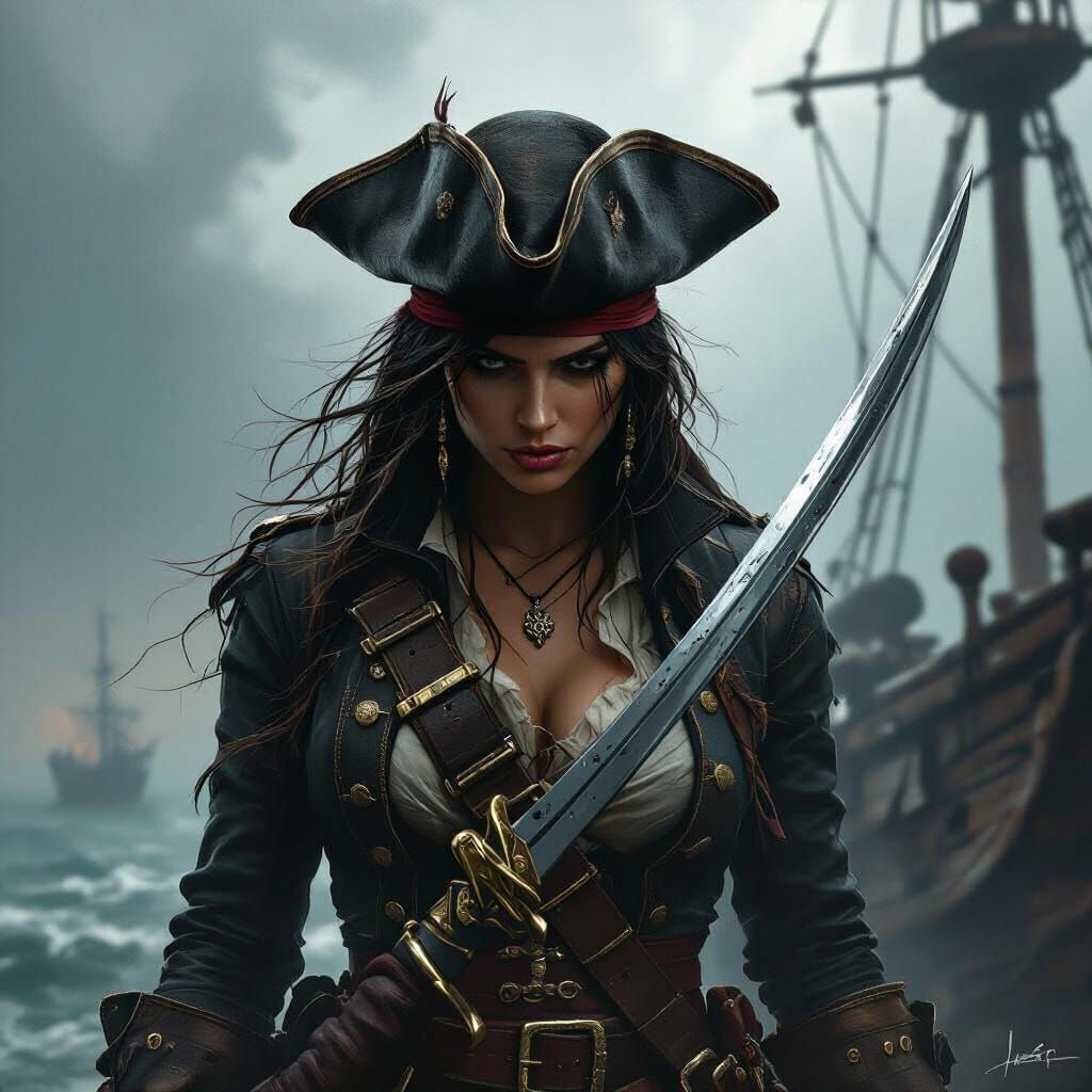 Gritty Concept Art of a Female Pirate with Cutlass