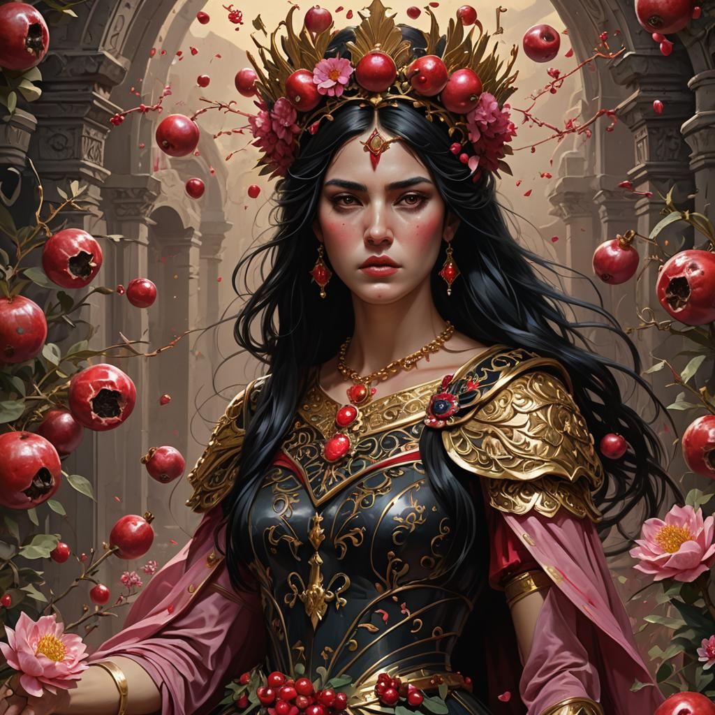 Persephone in Dark Fantasy Style with Pomegranates