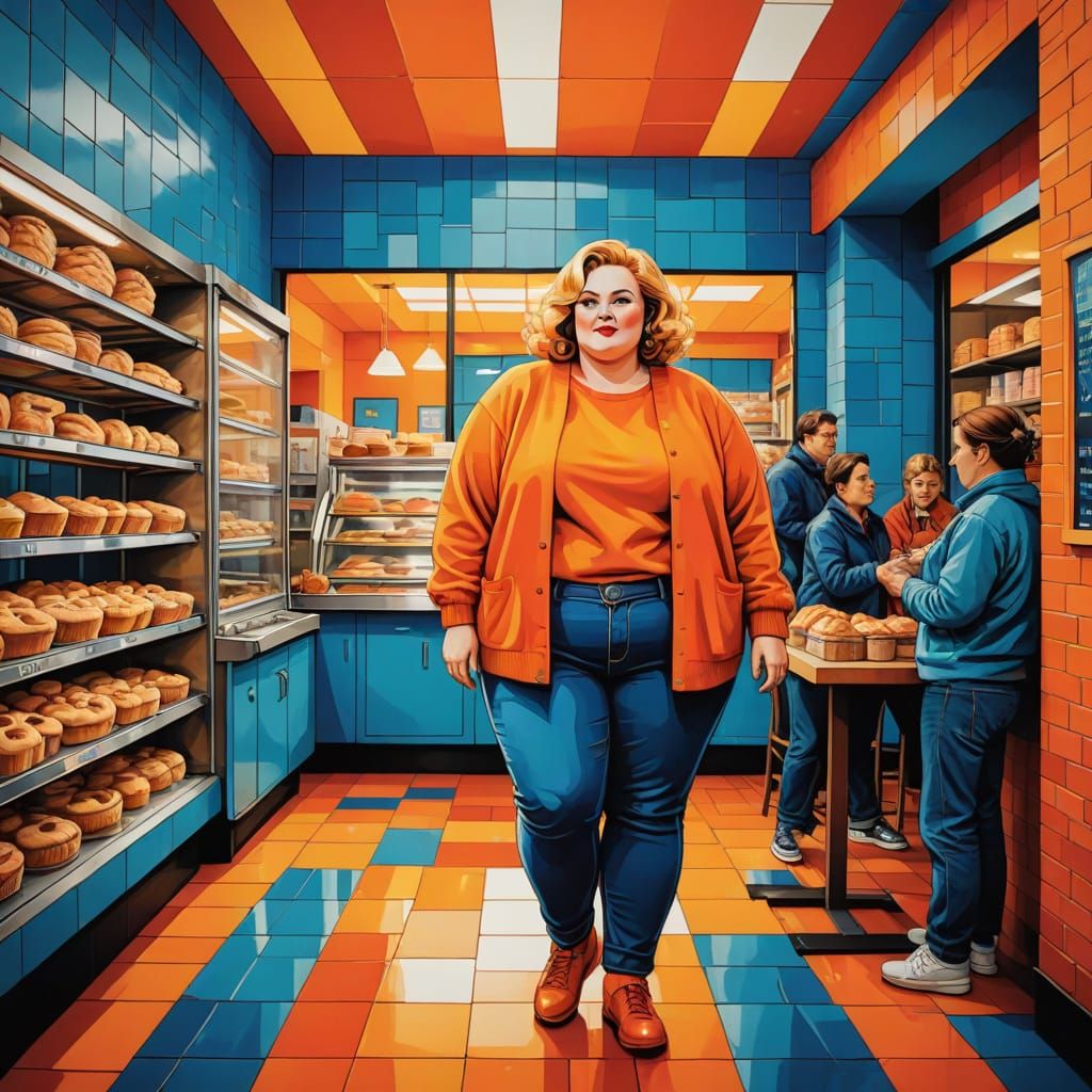 Retro Pop Art Woman in Bakery Line