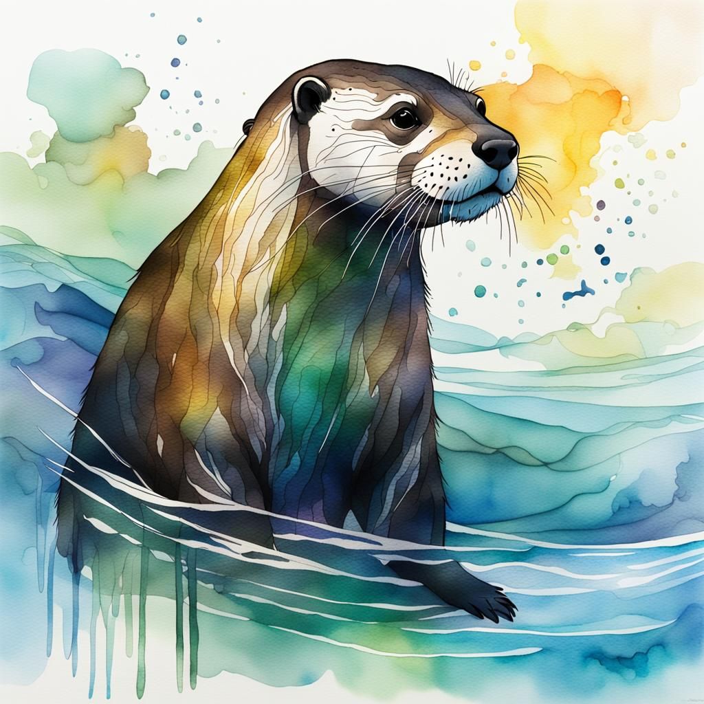 River Otter in Vibrant, Whimsical Watercolour Style