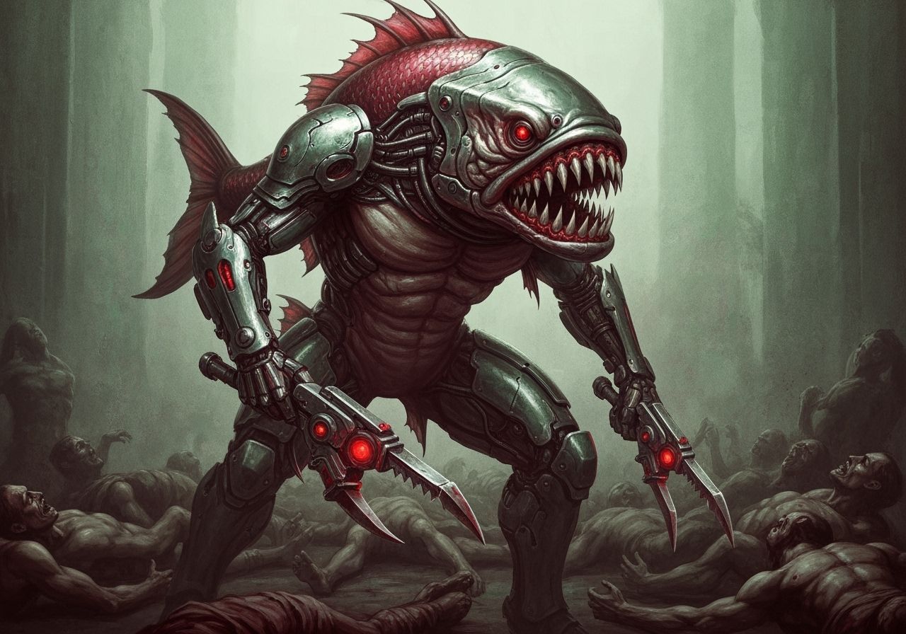 Piranha Cyborg Warrior in Gothic Horror Style