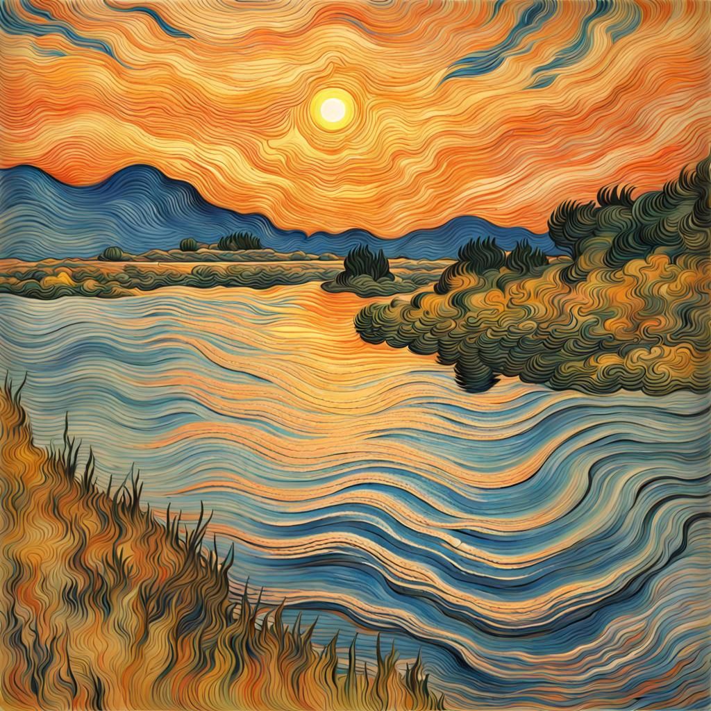 Fantasy Lakescape in Suminagashi Style