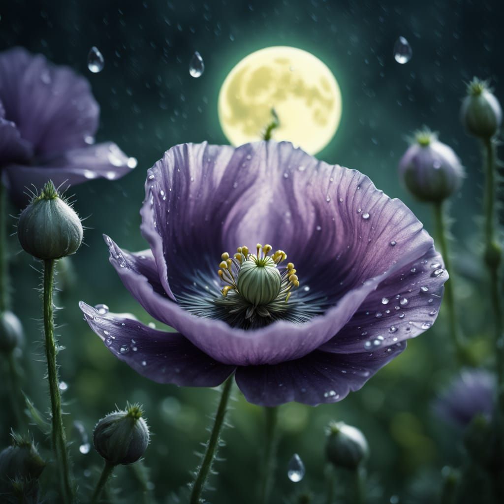 Violet Poppy in Moonlight Botanical Art