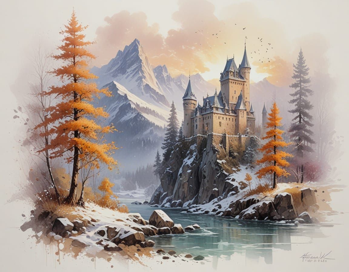 Gothic Castle in Pastel Winter Landscape