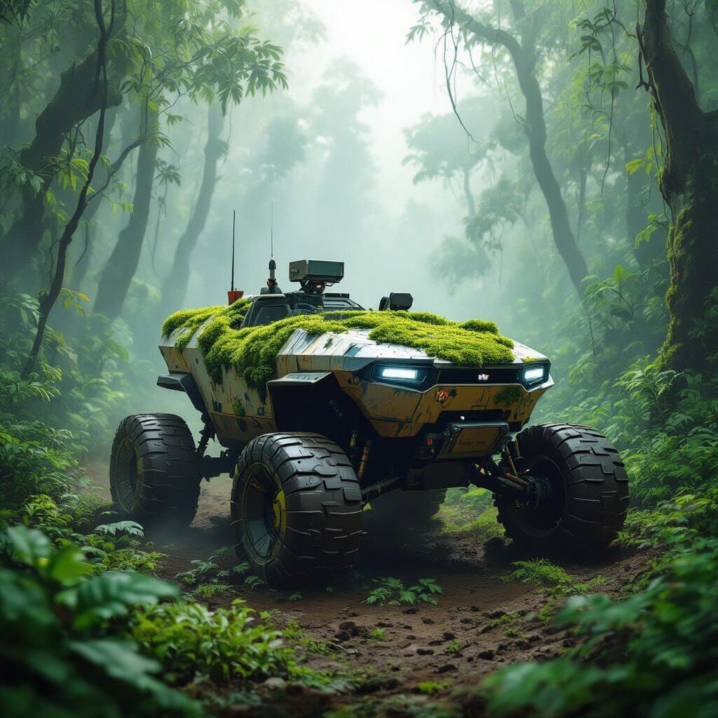 Mossy Mars Rover in Rainforest, Digital Art