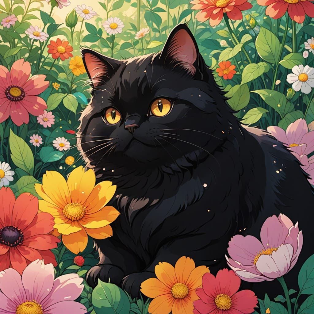 Charming Anime Cat Amidst Vibrant Floral Wonderland