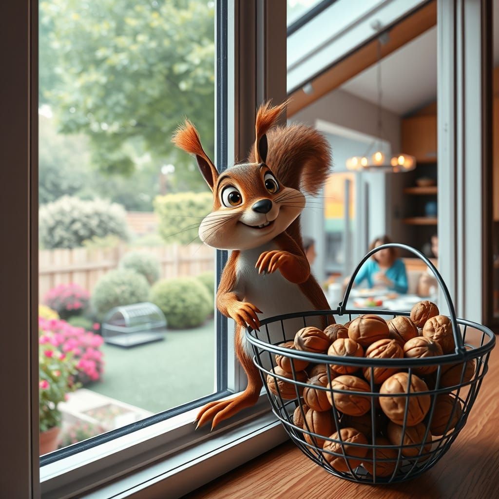 Mischievous Squirrel Stealing Walnut: Pixar-Style Art