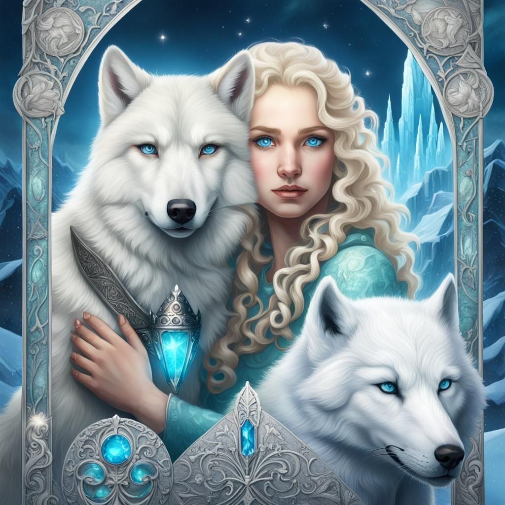 Woman and Arctic Wolf Exploring Crystal Spires