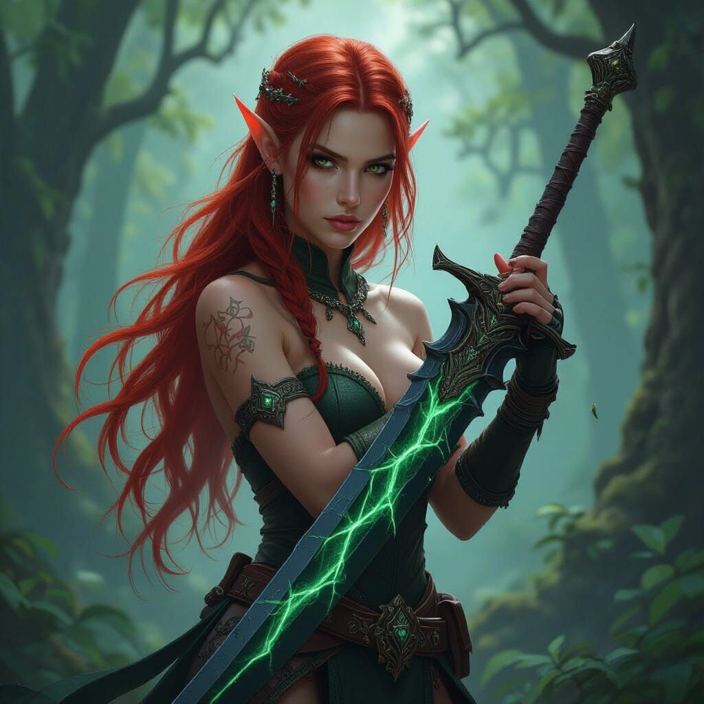 Fantasy Elf Warrior Holding Black Blade Sword with Green Fra...