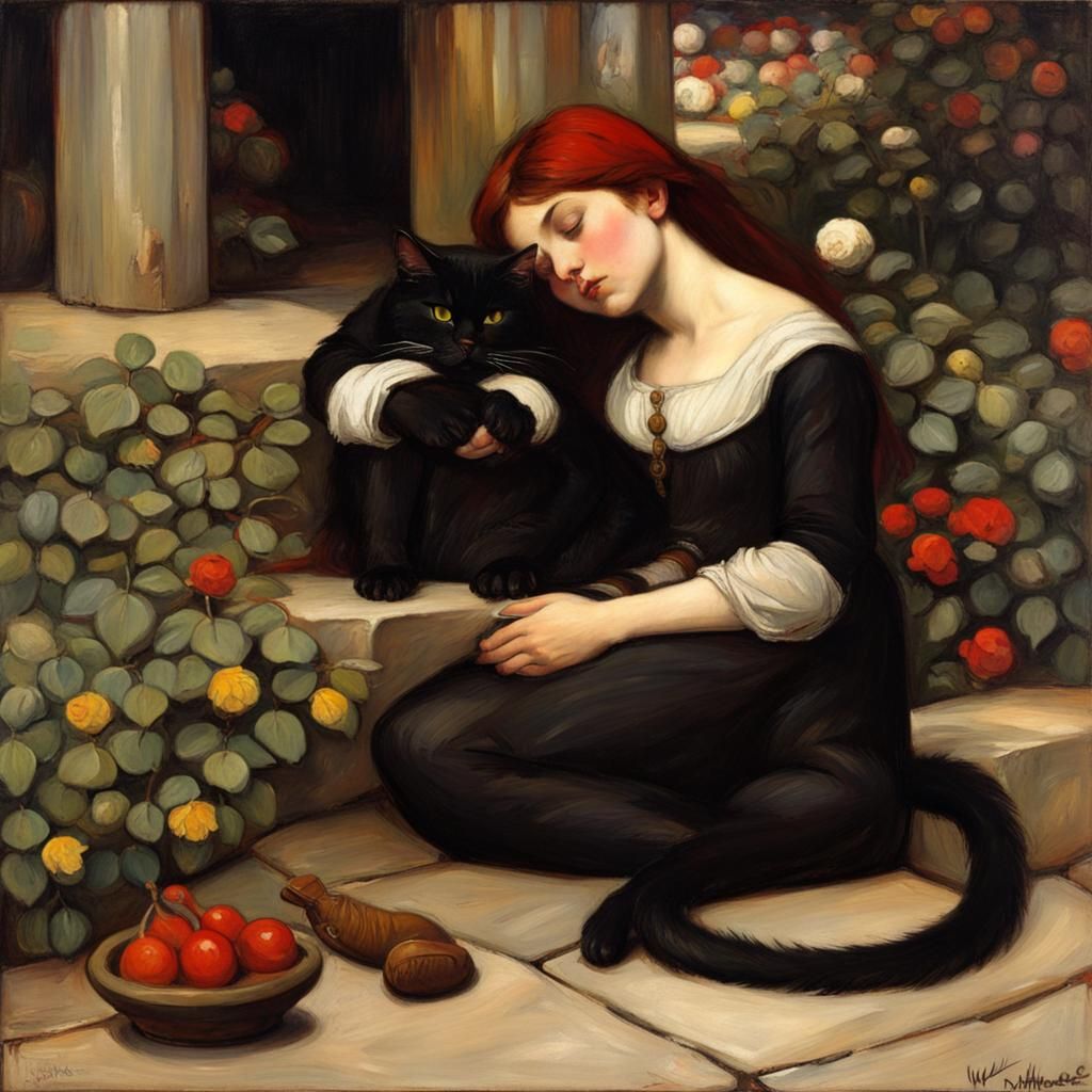 Black Cat and Sleeping Gnomes in Oil Painting