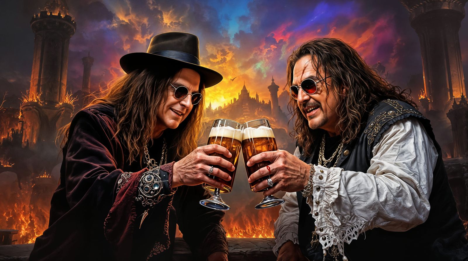 Ozzy and Dio Drinking Beer in Hell: Detailed Painting