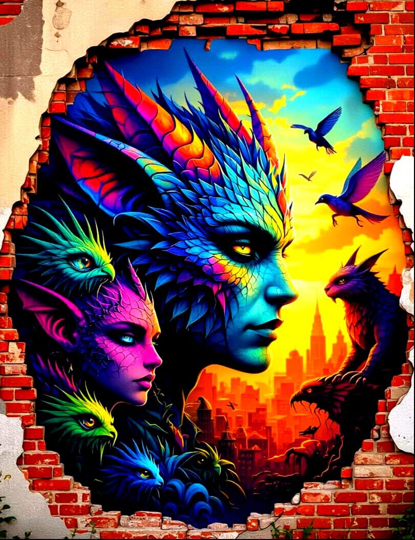 Urban Fantasy Mural: Creatures on Brick Wall
