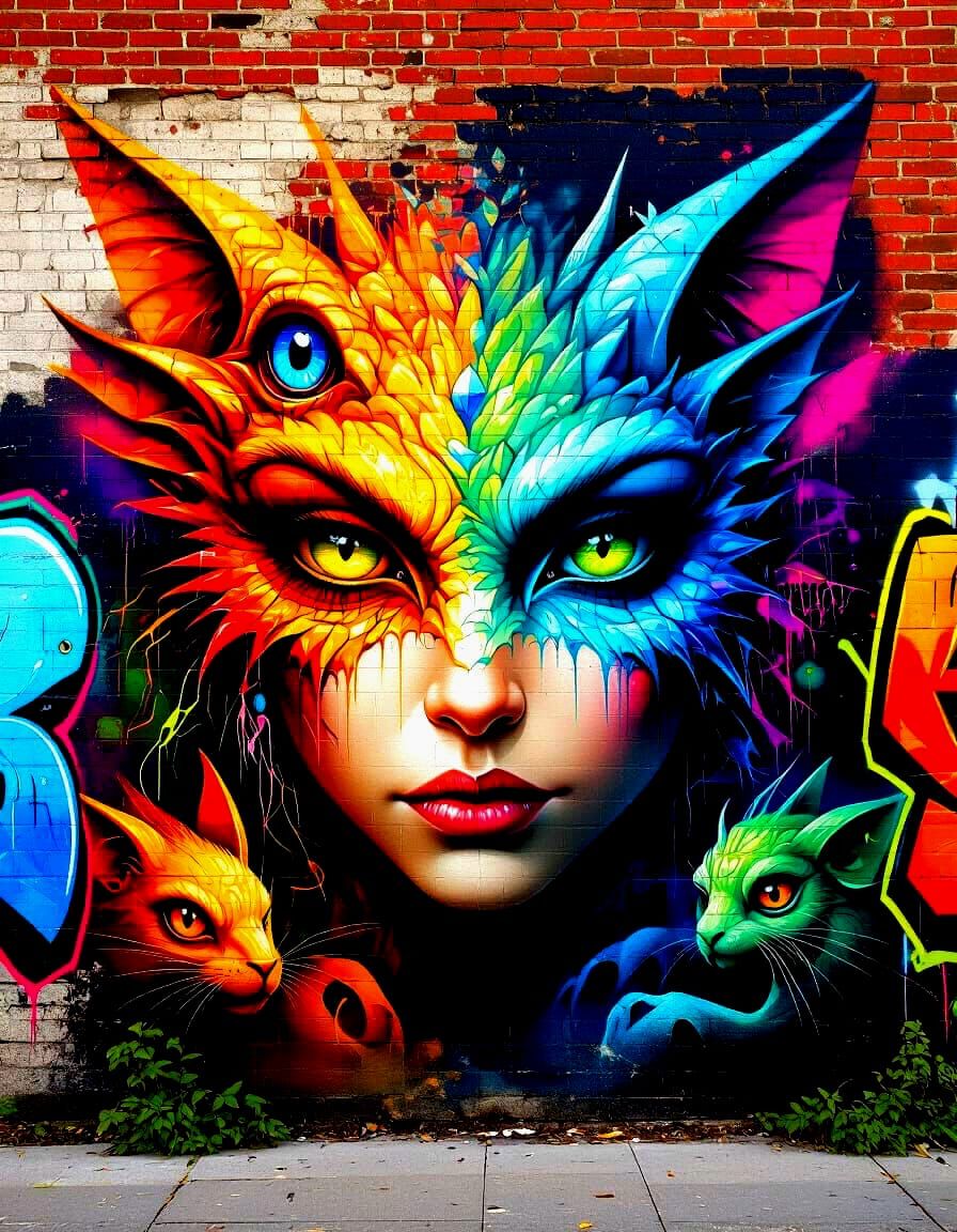 Urban Fantasy Mural with Fantastical Creatures