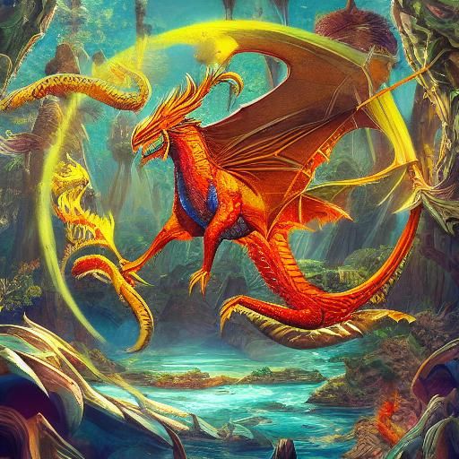 Majestic Red and Gold Dragon in Fantasy Art Style