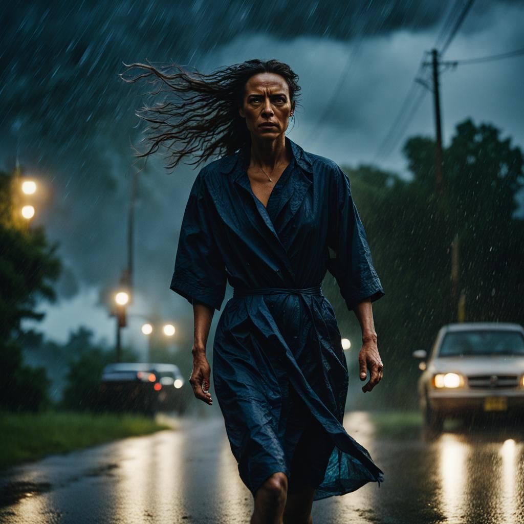 Woman Walks Barefoot in Storm, Cinematic Film Still