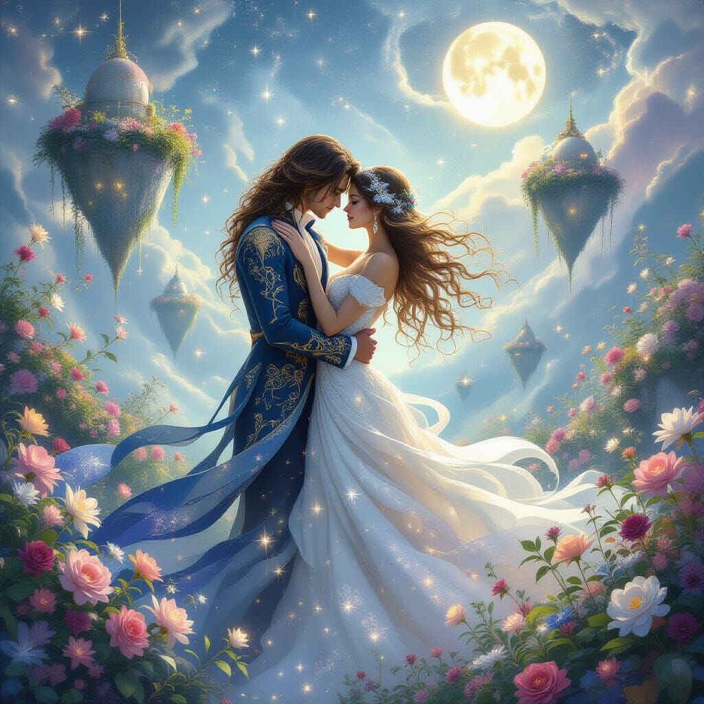 Stardust Couple Embracing in a Celestial Garden