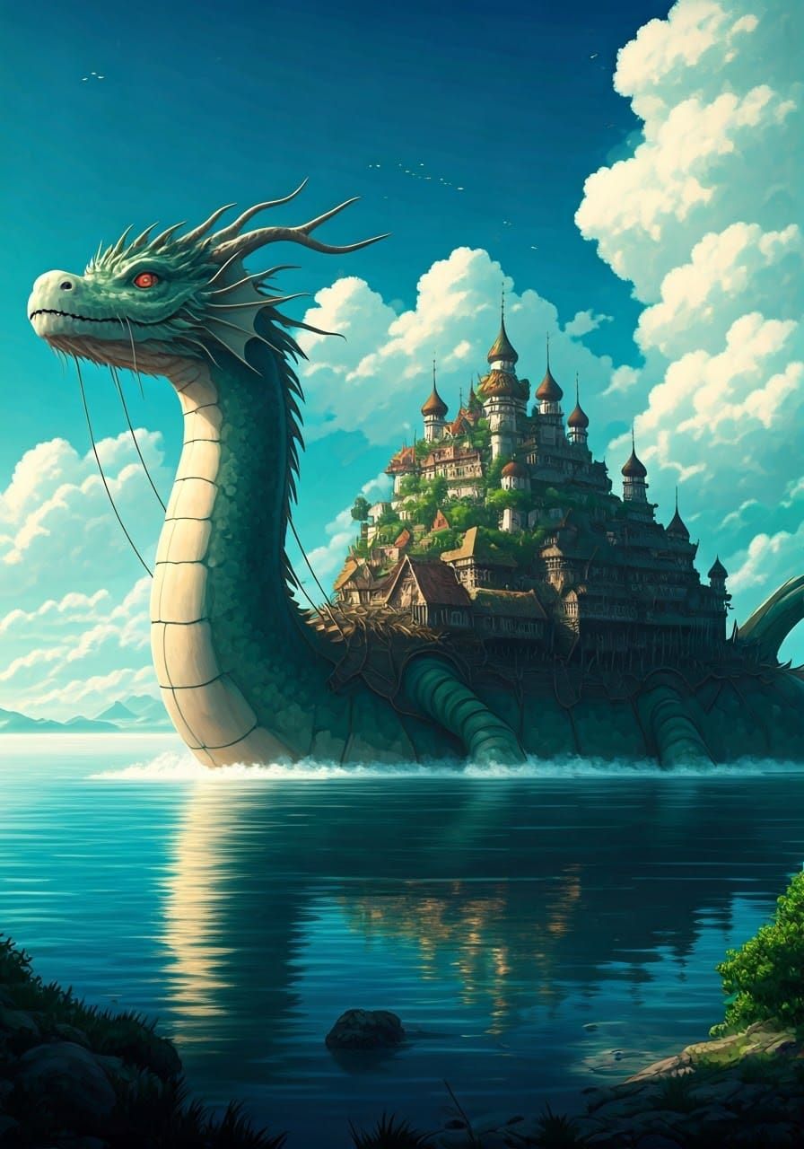 Ancient Water Creature Carries Fantasy Village
