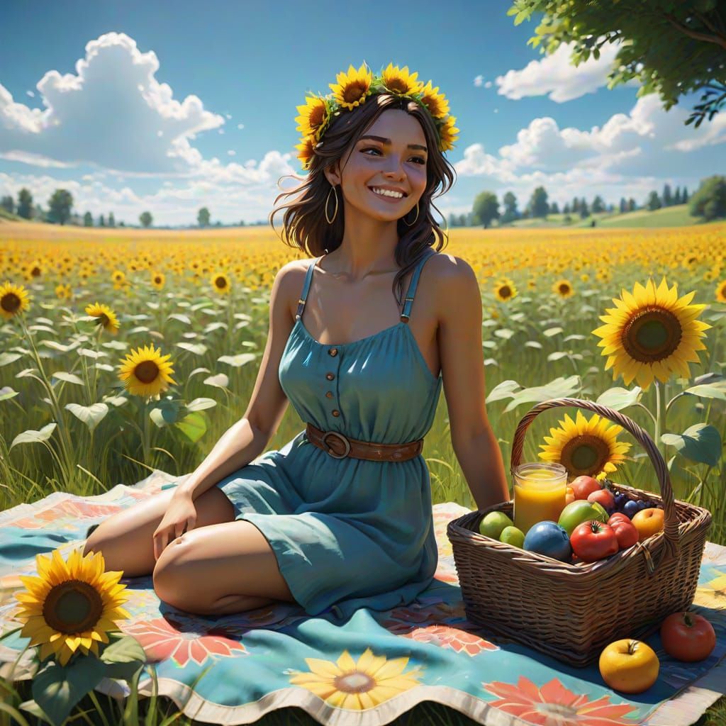 Joyful Sunflower Meadow Picnic Scene in Vibrant Colors
