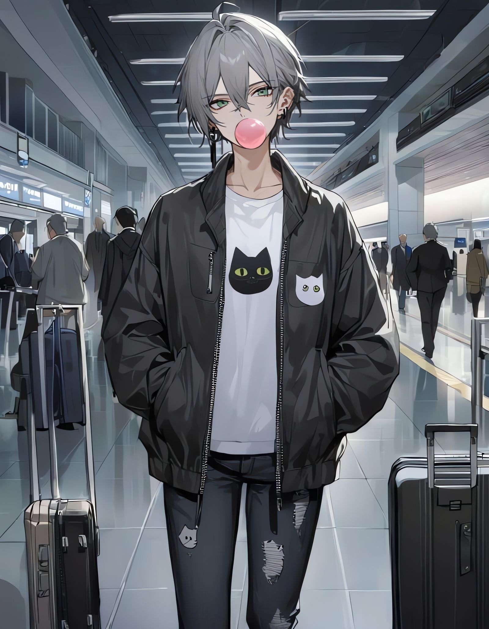 Bishounen Boy in Airport with Green Eyes and Bubble Gum