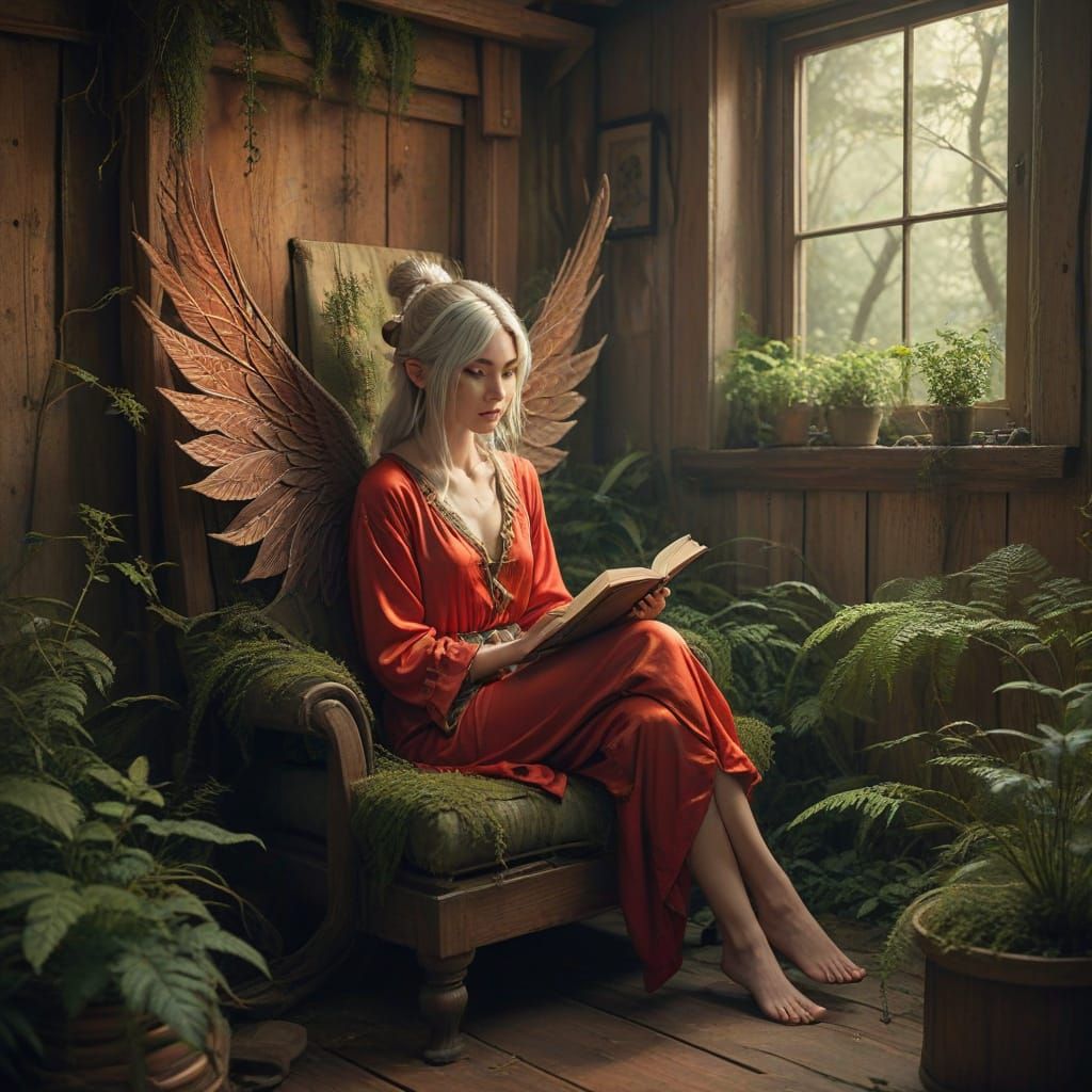 Elf Mother Reads to Her Children in a Cozy Mushroom Home