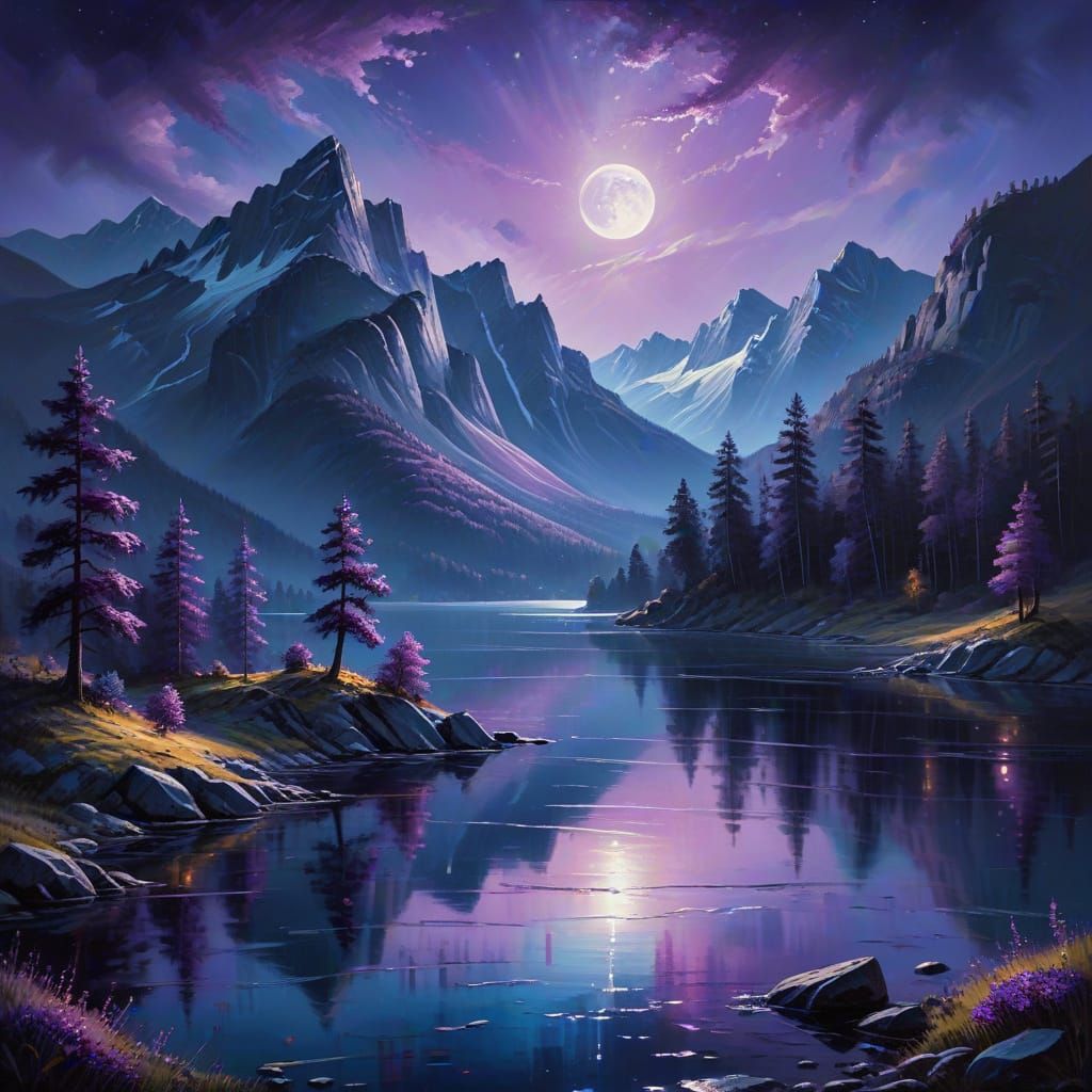 Majestic Moonlit Mountain Lake: Oil Painting