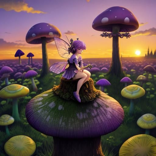 Fairy on Mushroom at Sunset in Silver and Purple