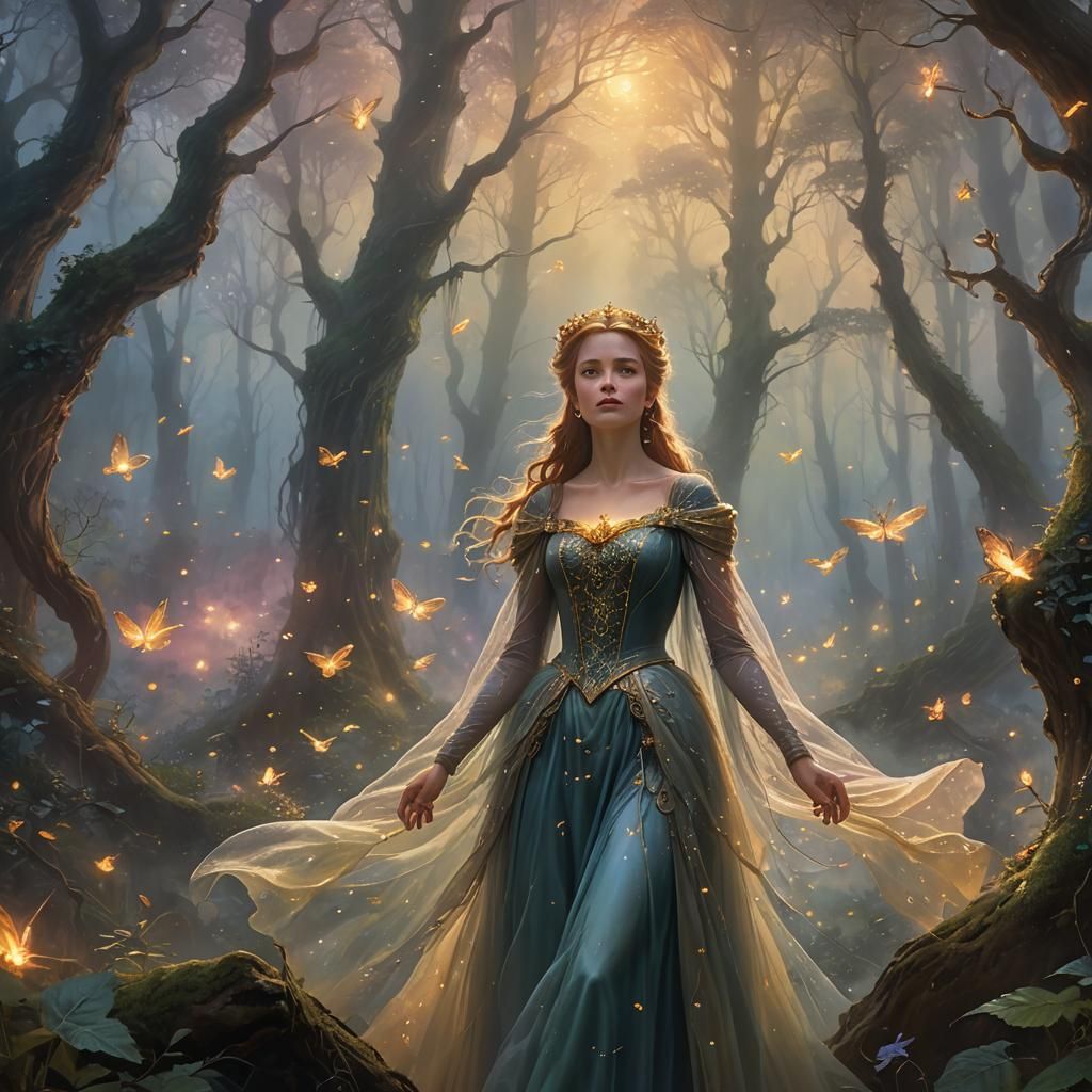Mystical Queen in Ethereal Forest, Fantasy Art