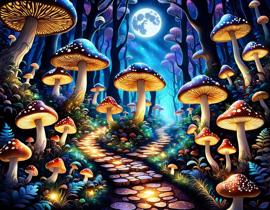 Surreal Mushroom Forest Under Moonlit Glittering Magic