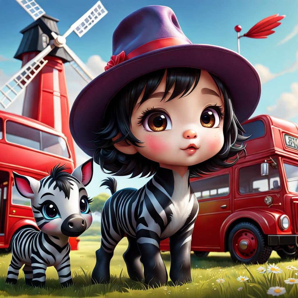 Chibi Witch and Zebra Foal: Hyperrealistic Splash Art