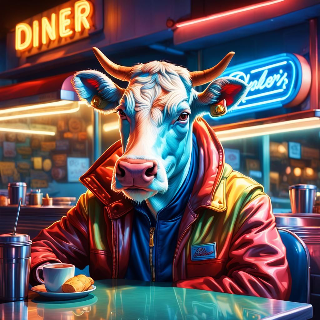 Cow in Parka at Diner, Neon Concept Art