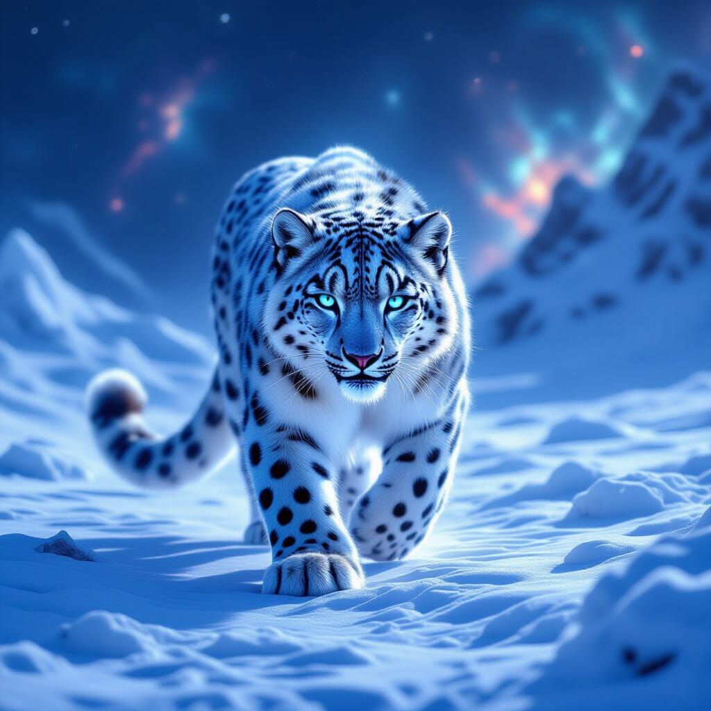 Majestic Snow Leopard with Ethereal Glow on Alien Ice Planet