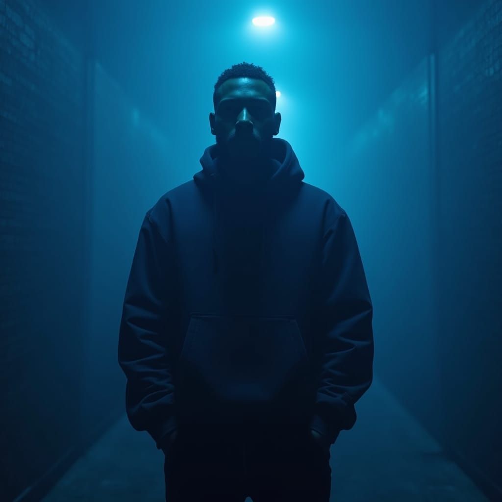 Moody Rapper in Blue Space, Neon Noir Style